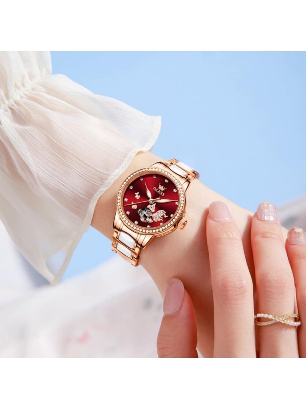 Olevs Women's Red Koi Fish Skeleton Diamond Rose Gold Automatic Luxury Watch - Picture 3 of 6